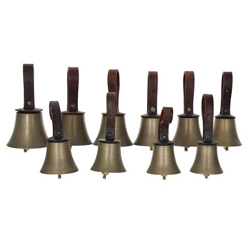 2572 - Group of ten brass hand bells with leather straps (10)