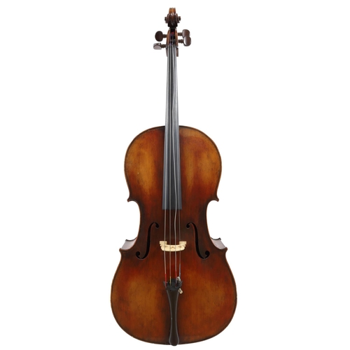 3521 - Late 19th century violoncello labelled Copie de Antonius Stradivarius..., the two piece back of fain... 