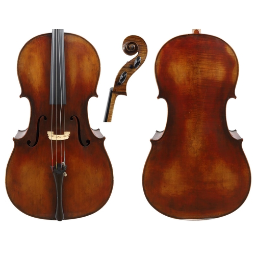 3521 - Late 19th century violoncello labelled Copie de Antonius Stradivarius..., the two piece back of fain... 