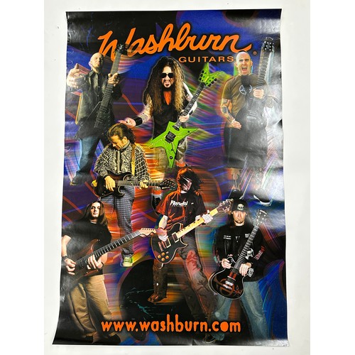 458 - Six Washburn guitars posters featuring various endorsed artists; together with a Randall Amplificati... 