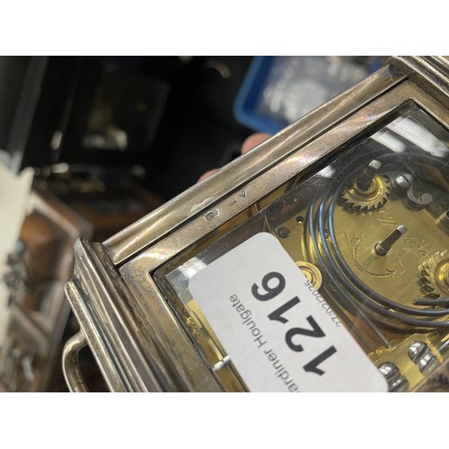 1216 - French silver cased repeater carriage clock striking on a gong, the back plate stamped no. 5313, the... 