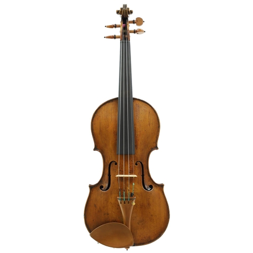 110 - Early to mid 19th century violin, probably English, the two piece back of faint medium curl with sim... 