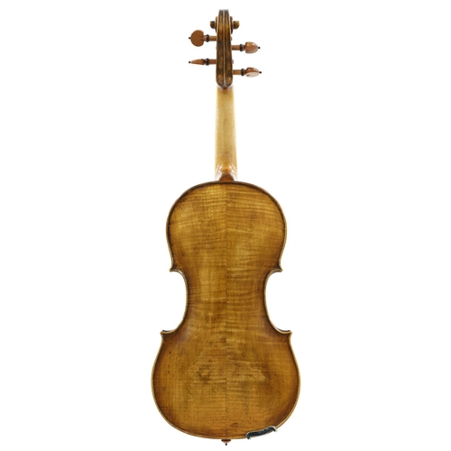 110 - Early to mid 19th century violin, probably English, the two piece back of faint medium curl with sim... 
