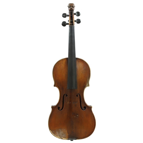 116 - German violin circa 1800 with carved lion's head scroll, labelled Jakob Steiner..., the two piece ba... 