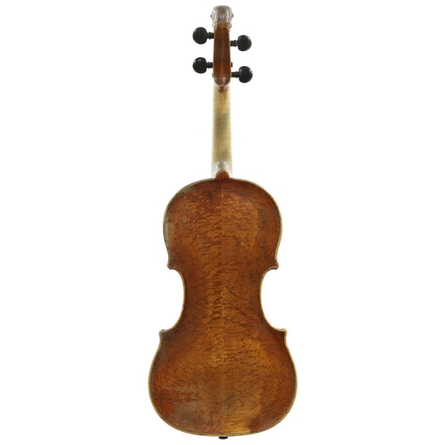 116 - German violin circa 1800 with carved lion's head scroll, labelled Jakob Steiner..., the two piece ba... 