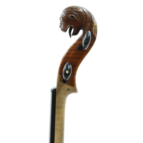 116 - German violin circa 1800 with carved lion's head scroll, labelled Jakob Steiner..., the two piece ba... 