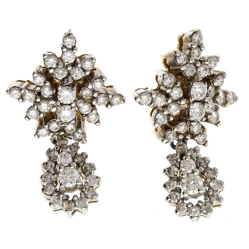 276 - Fine pair of bicolour diamond set drop cluster earrings, round brilliant-cuts, estimated 1.80-2.00ct... 