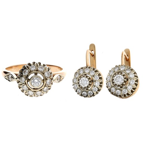 274 - Attractive 14ct rose gold diamond set circular cluster ring and matching earrings, set with round br... 