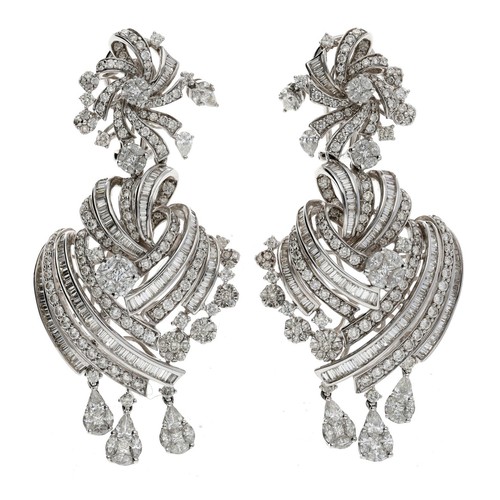 270 - Fine pair of 18ct white gold multi-cut diamond drop cocktail earrings, with round brilliant, marquis... 