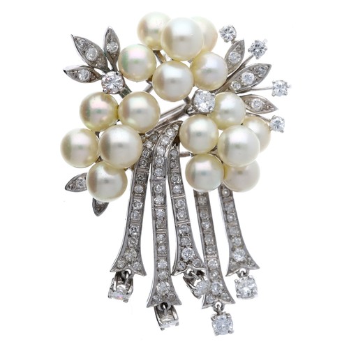 267 - Fine 14ct white gold cultured pearl and diamond pendant, the pearls 7mm, round brilliant-cut diamond... 
