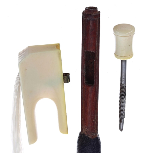 32 - French ivory mounted violin bow by and stamped Poirson á Paris on both sides of the handle, the stic... 