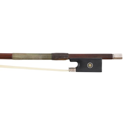 145 - French silver mounted violin bow stamped Jenny Bailly, the stick round, the ebony frog inlaid with s... 