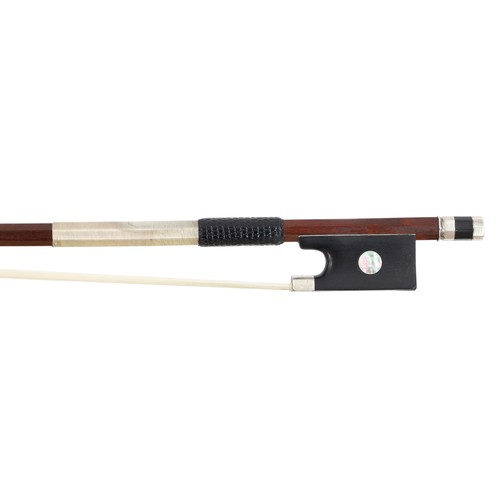 146 - German silver mounted violin bow with a certificate stating as by Ludwig Bausch, unstamped, the stic... 