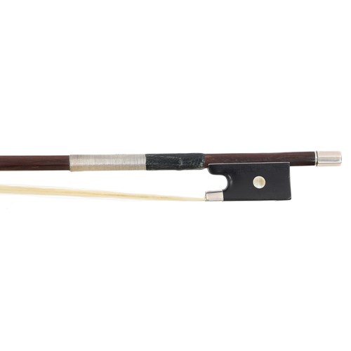 147 - German silver mounted violin bow by and faintly stamped Aug Rau, the stick round, the ebony frog inl... 