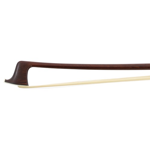 147 - German silver mounted violin bow by and faintly stamped Aug Rau, the stick round, the ebony frog inl... 