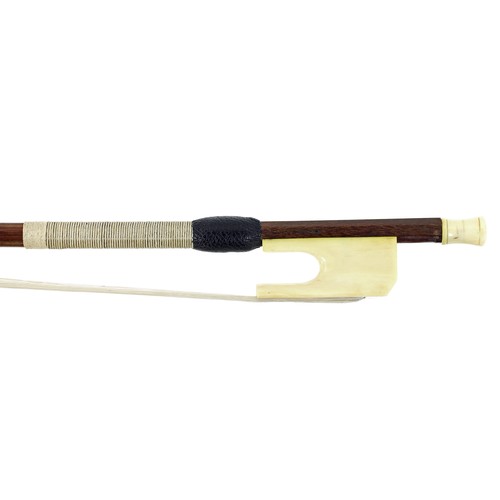 32 - French ivory mounted violin bow by and stamped Poirson á Paris on both sides of the handle, the stic... 