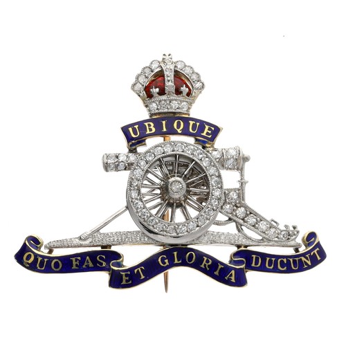 266 - Royal Artillery Regimental gold and diamond set  brooch, depicting a red enamel crowned canon with e... 