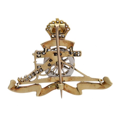 266 - Royal Artillery Regimental gold and diamond set  brooch, depicting a red enamel crowned canon with e... 
