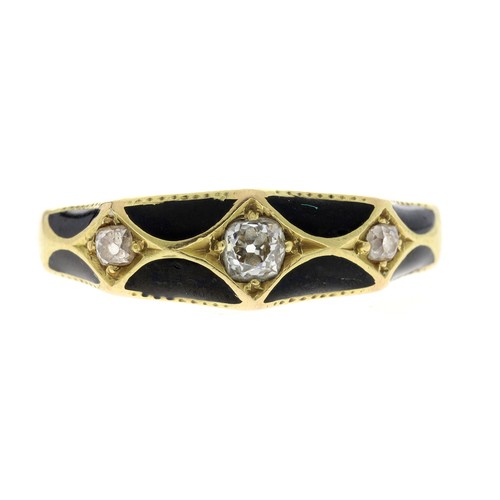 241 - Victorian yellow gold and black enamel mourning ring, set with three old-cut diamonds, with an inner... 