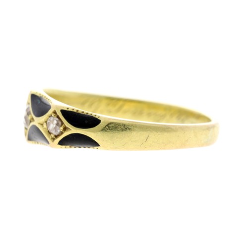 241 - Victorian yellow gold and black enamel mourning ring, set with three old-cut diamonds, with an inner... 
