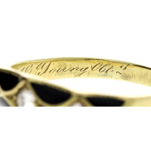 241 - Victorian yellow gold and black enamel mourning ring, set with three old-cut diamonds, with an inner... 