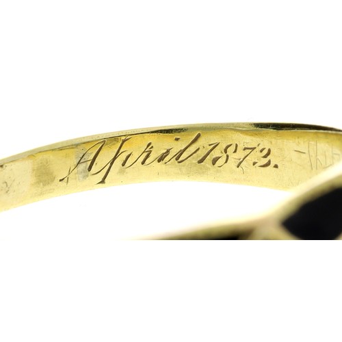 241 - Victorian yellow gold and black enamel mourning ring, set with three old-cut diamonds, with an inner... 