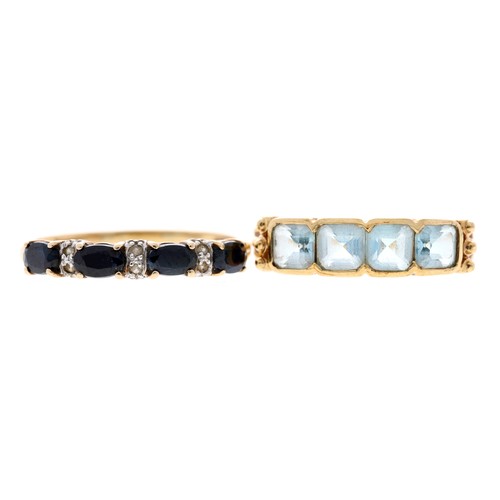243 - 9ct blue topaz four stone ring, 3gm, ring size S/T; with another 9ct gem set ring, 1.7gm (2)... 