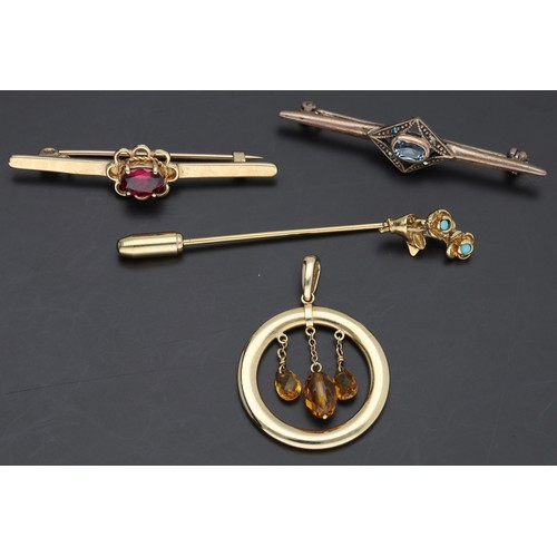 246 - 9ct garnet set brooch, 2.8gm, 45mm; 14ct circular citrine pendant, 1.6gm, 25mm; also a turquoise set... 