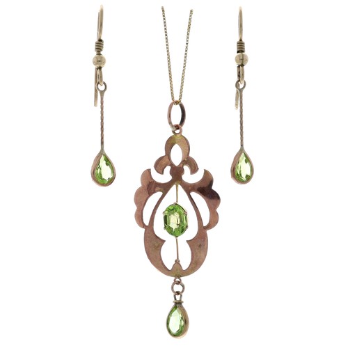 258 - Art Nouveau style 9ct peridot set pendant, on a fine 14ct necklace, the pendant 48mm approx, the nec... 