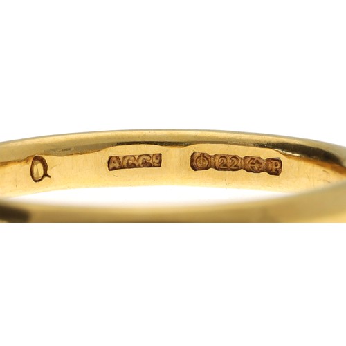 309 - 22ct yellow gold wedding band ring, Birmingham 1939, width 3mm, 4.6gm, ring size Q