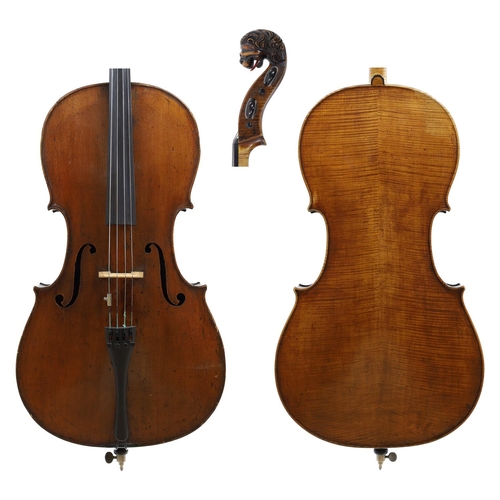 155 - 19th century Bavarian violoncello with carved lion's head scroll, unlabelled, the two piece back of ... 