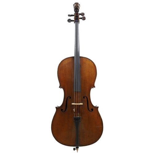 155 - 19th century Bavarian violoncello with carved lion's head scroll, unlabelled, the two piece back of ... 