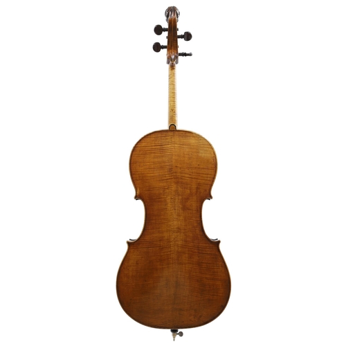 155 - 19th century Bavarian violoncello with carved lion's head scroll, unlabelled, the two piece back of ... 