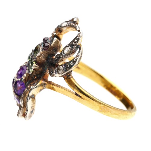 303 - Novelty 15ct and silver spider ring, set with amethyst, peridot and diamonds, width 23mm, 4.2gm, rin... 