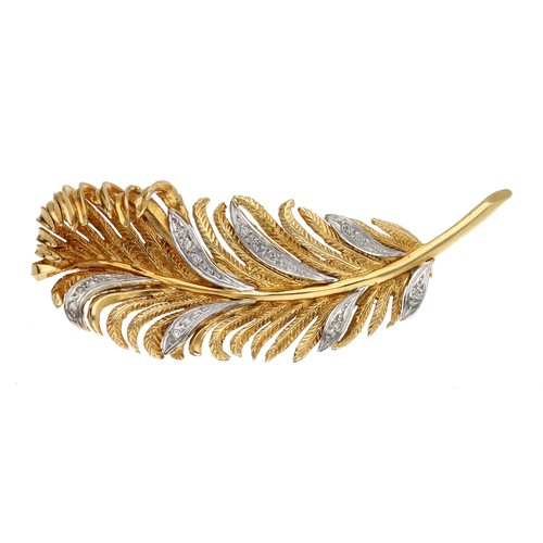 261 - 18ct feather design bicolour brooch, set with round-cut diamonds, 12.2gm, 62mm