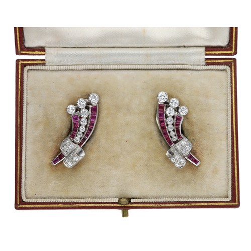 307 - Fine pair of Garrard & Co. platinum ruby and diamond spray clip earrings, set with calibrated ru... 
