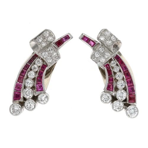 Fine pair of Garrard & Co. platinum ruby and diamond spray clip earrings, set with calibrated rubies and round old-cut diamonds, 14.3gm, 32mm