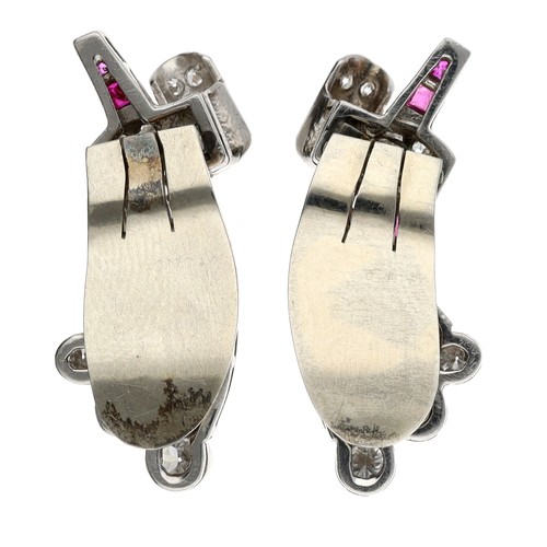 307 - Fine pair of Garrard & Co. platinum ruby and diamond spray clip earrings, set with calibrated ru... 