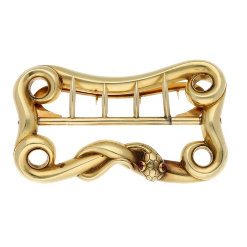 251 - Unusual 15ct yellow gold buckle, fashioned with an entwinned serpent snake with cabouchon ruby set e... 