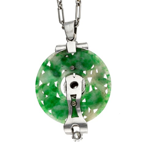 304 - 1920s platinum carved jade and diamond disc pendant on a necklet, round old-cut diamonds, 16.3gm, th... 