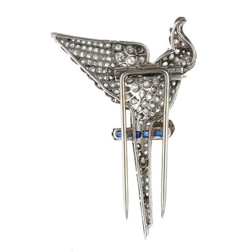 308 - Fine early 20th century platinum sapphire and diamond bird clip brooch, pavé set with rose and old-c... 
