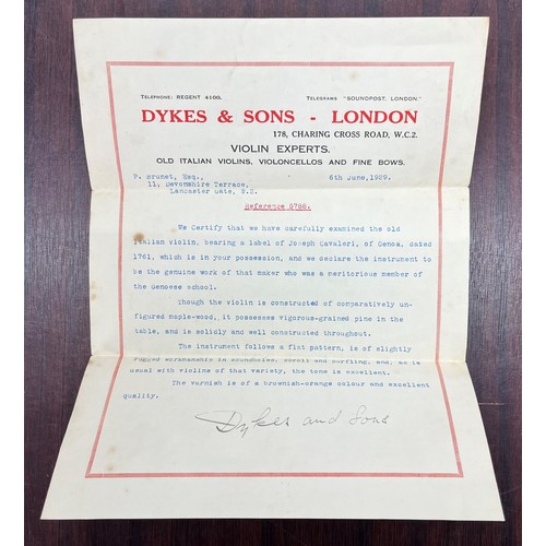 125 - Interesting 18th century violin with Dykes & Son certificate stating as by and labelled Joseph C... 