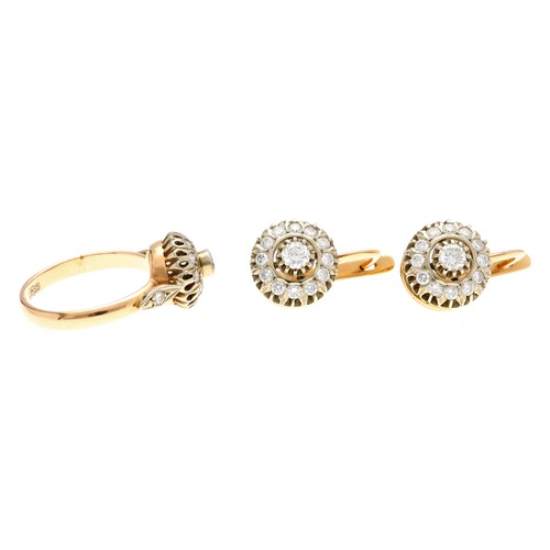 274 - Attractive 14ct rose gold diamond set circular cluster ring and matching earrings, set with round br... 