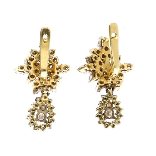 276 - Fine pair of bicolour diamond set drop cluster earrings, round brilliant-cuts, estimated 1.80-2.00ct... 