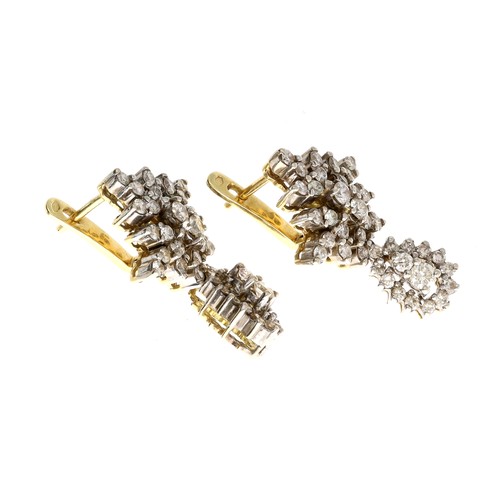 276 - Fine pair of bicolour diamond set drop cluster earrings, round brilliant-cuts, estimated 1.80-2.00ct... 