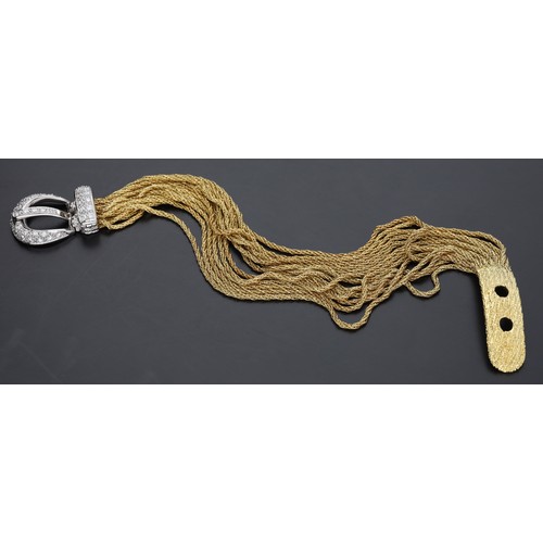 283 - Impressive 18ct bicolour multi-strand bracelet with a white metal diamond set buckle clasp, pavé set... 