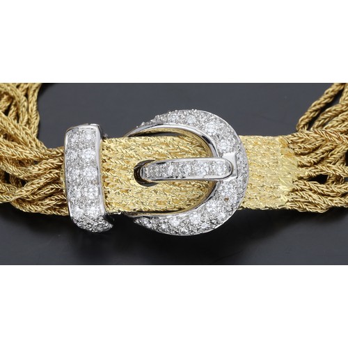 283 - Impressive 18ct bicolour multi-strand bracelet with a white metal diamond set buckle clasp, pavé set... 