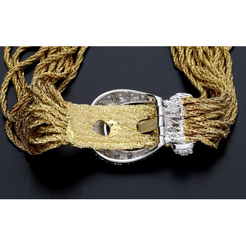 283 - Impressive 18ct bicolour multi-strand bracelet with a white metal diamond set buckle clasp, pavé set... 