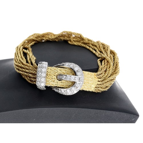 283 - Impressive 18ct bicolour multi-strand bracelet with a white metal diamond set buckle clasp, pavé set... 