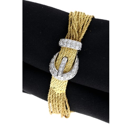 283 - Impressive 18ct bicolour multi-strand bracelet with a white metal diamond set buckle clasp, pavé set... 
